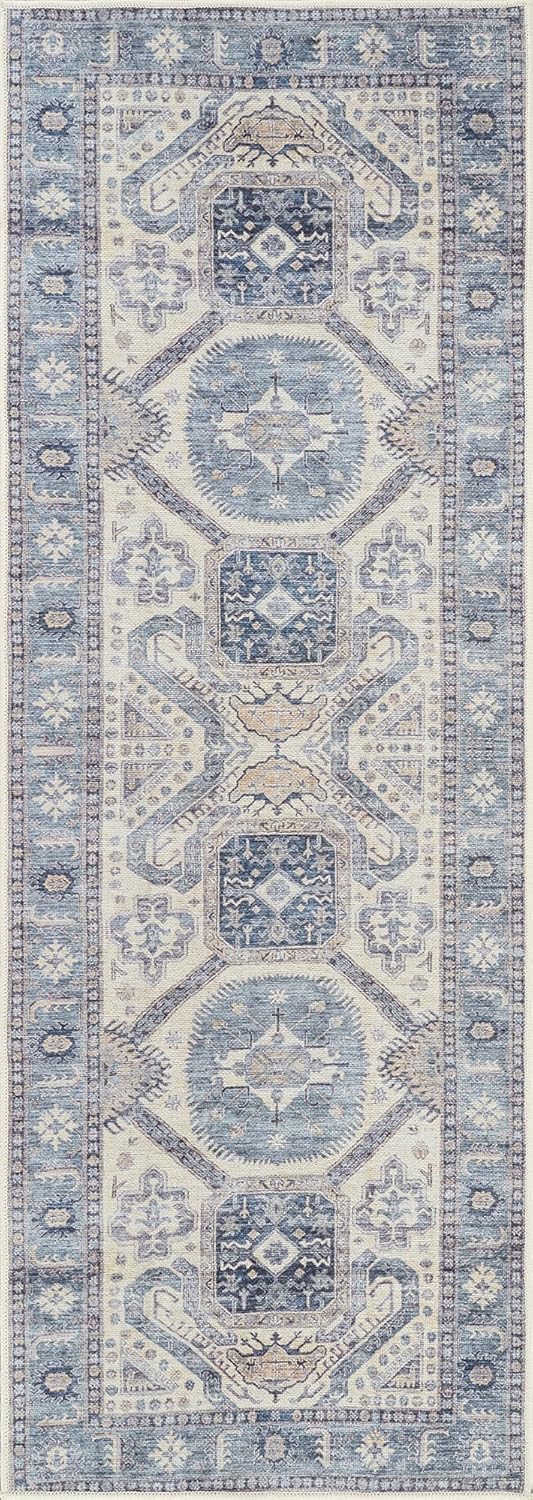 Bloom Rugs Washable Non-Slip 12 ft Runner - Blue/Beige Traditional Oriental Runner for Entryway, Hallway, Bathroom, and Kitchen - Exact Size: 2.5' x 12'