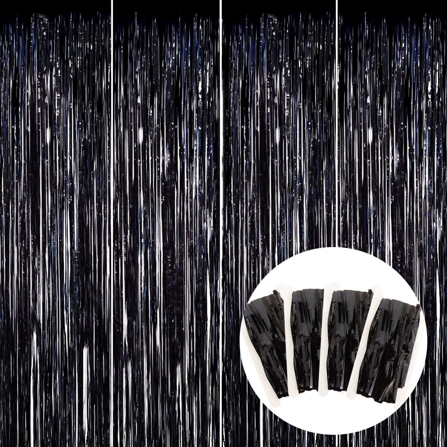 BEISHIDA 4 Pcs Black Door Streamers Tinsel Curtain Party Streamers Backdrop Fringe Foil Wall Background for Birthday Halloween Christmas Wedding Party Decoration(3.28 ft x 6.56 ft)