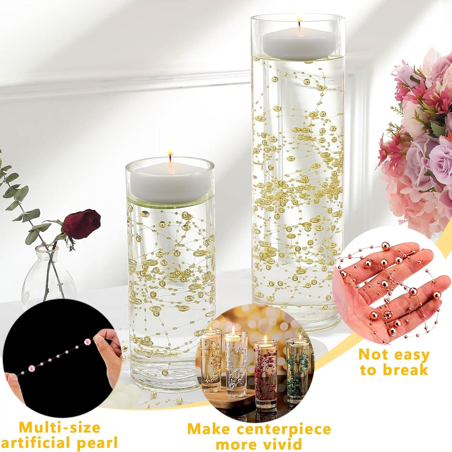 50 PCS Artificial Floating Beads for Centerpieces Vases, Yellow 8+3mm String Beads for Wedding Party Faux Pearl String for Decorating, String Pearls for Crafts Vase Filler