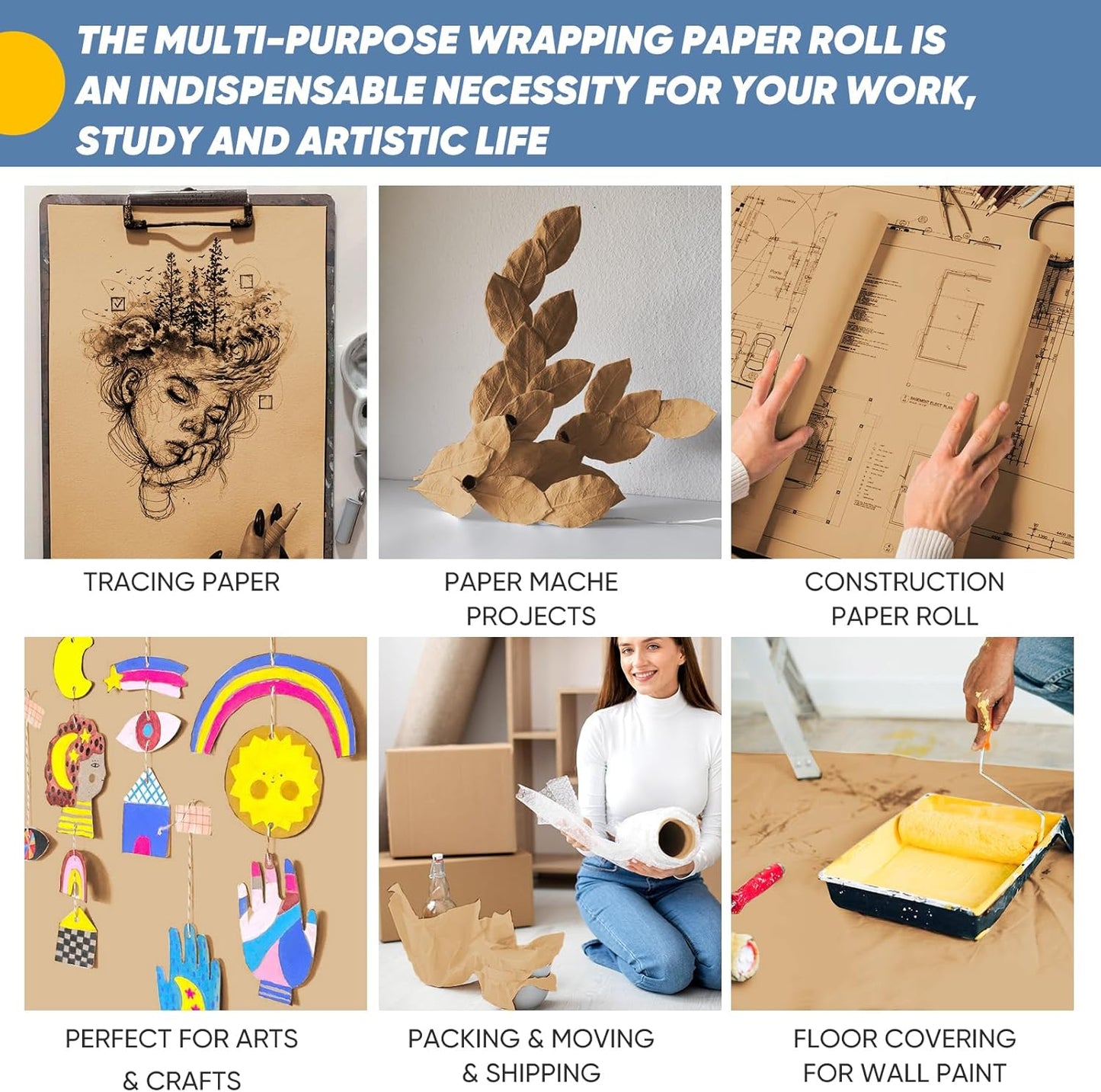 18"x3600" (300') Brown Craft Paper Roll, Bulletin Board Banner Construction Kraft Paper, Eid Bouquet Flower Decorative Gift Wrap, Kid Art Poster Packing Shipping Floor Covering Table Runner 70GSM 50LB