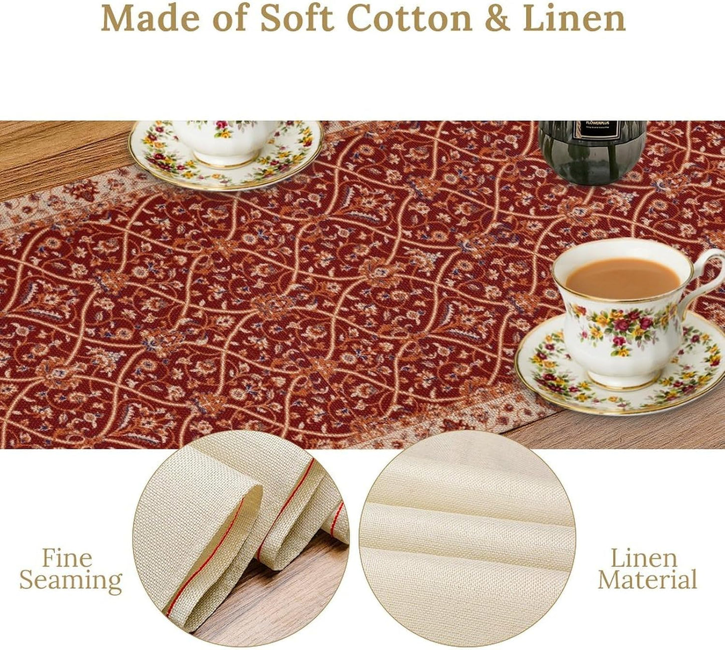 Boho Floral Vintage Table Runner, Red Retro Flower Rustic Country Farmhouse Abstract Pattern for Home Kitchen Table Decor Dining Coffee Room Party Decor 13x108in