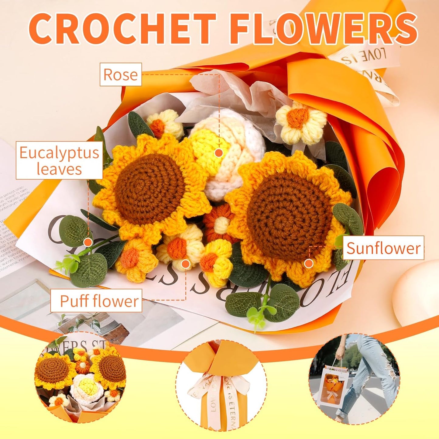 Crochet Flower Bouquet Crochet Flowers, Crochet Flower Bouquet Sunflower, Handmade Crochet Bouquet for Graduation Birthday Wedding Anniversary