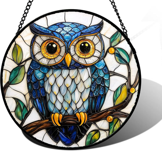 Stained Glass Window Hanging, Owl Gifts for Women Sun Catchers Diamond Glass Panel Hangings Birds Suncatcher Decor for Birthday for Women, Men, Wife, Aunt, and Mom 9.8 in