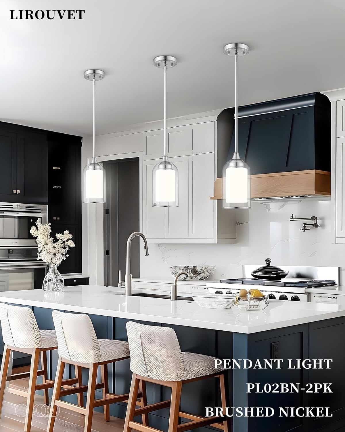 LIROUVET Modern Pendant Lights - Dual Glass Pendant Lights Kitchen Island, Brushed Nickel Hanging Lamp with Clear and Milk Glass, 1=Light Pendant Lighting for Kitchen, Dining Room, PL02BN