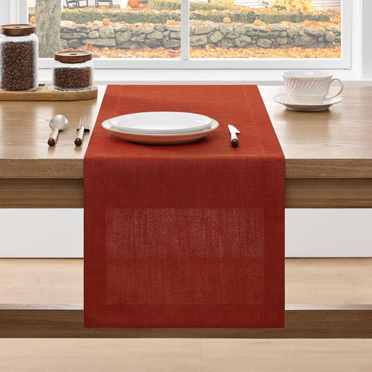 ZeeMart Linen Textured Border Table Runner, 14 x 72 Inch Orange, Farmhouse Style Burnt Orange Fall Table Runners 72 Inches Long, Easy Care Everyday Polyester Table Runner
