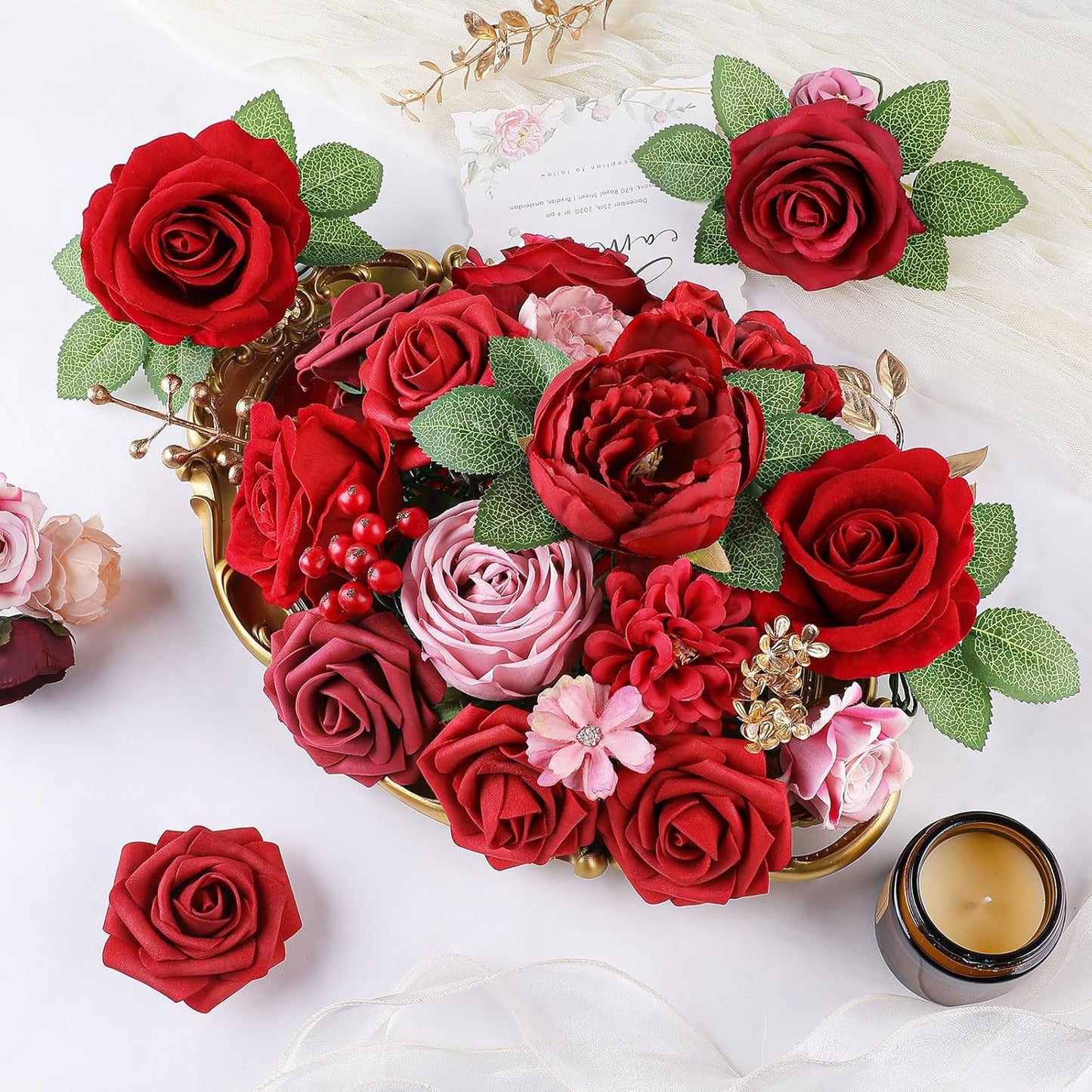 AmyHomie Red Artificial Flowers Combo Silk Mix Peony Rose Fake Flowers w/Stem for Valentine's Day DIY Wedding Bouquets Centerpieces Table Fall Decor Party Bridal Baby Shower Home Decorations