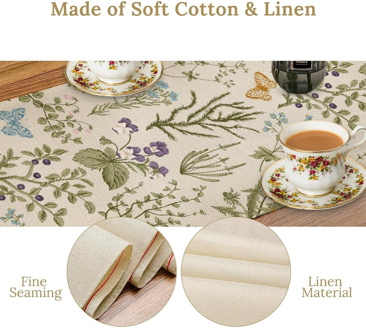 Floral Table Runner,Wildflower Spring Table Runner Seasonal Summer Butterfly Kitchen Dining Table Decoration for Home Party 13x108 Inch