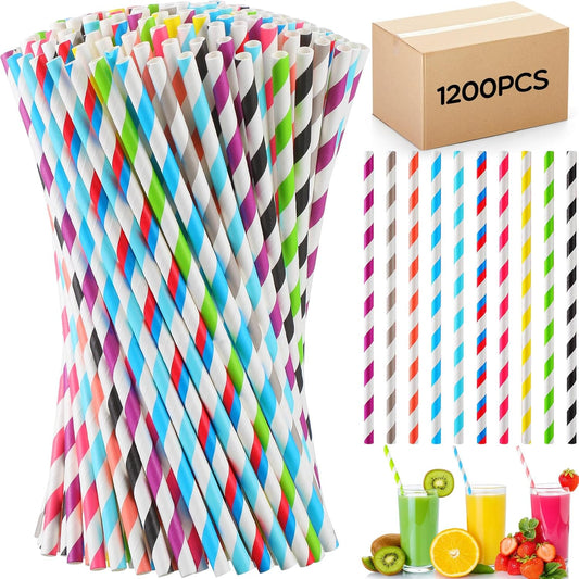 Eaasty 1200 Pcs Colored Paper Straws Bulk Disposable Striped Drinking Paper Straws for Summer Juice, Shakes, Cocktail,7.87 Inches, 0.24'' Diameter (Multicolor)