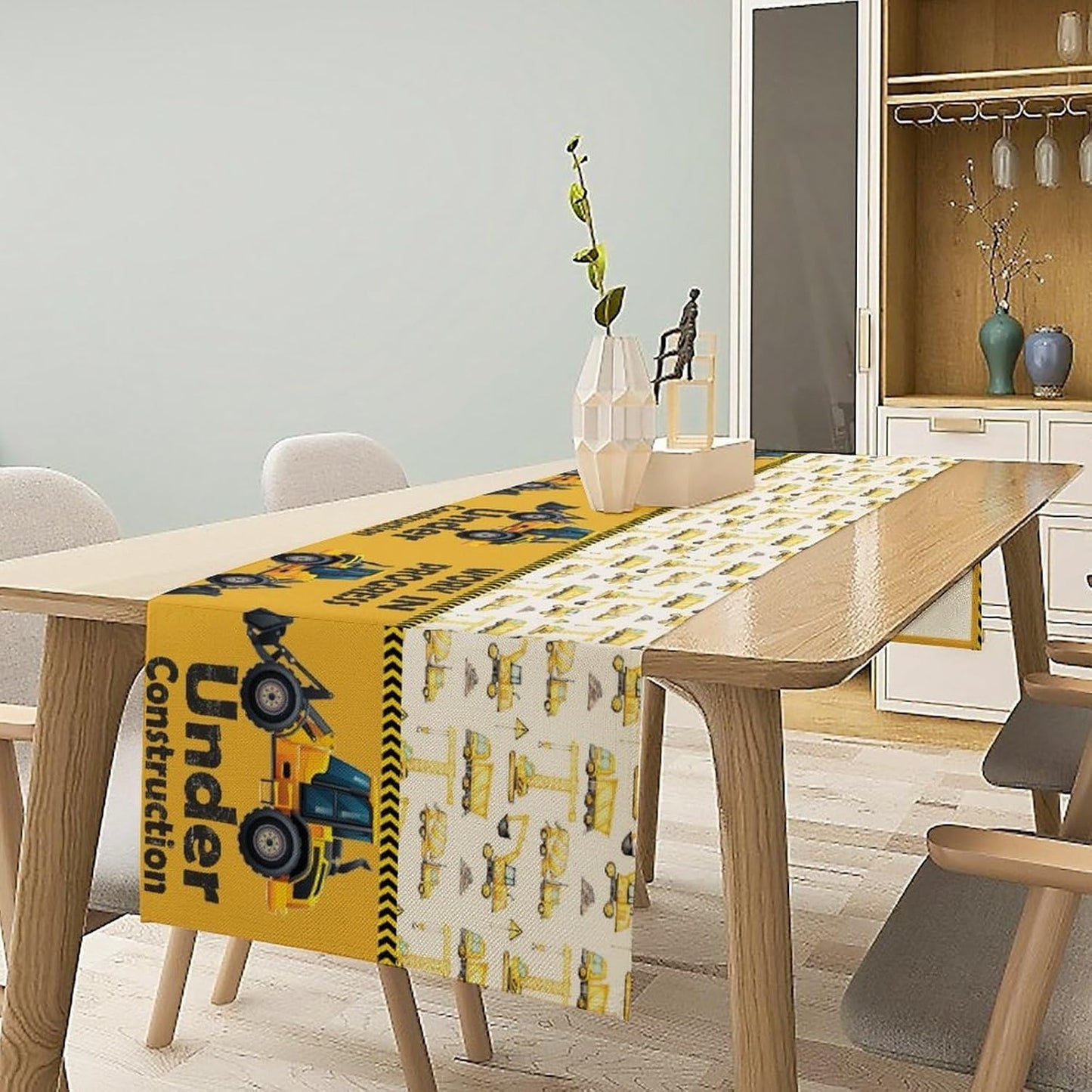 Cartoon Car Table Runner,Boys Kids Construction Vehicles Truck Yellow Print Tablecloth Burlap for Hotel Indoors Outdoor Dining Room Kitchen Home Decor,W13X L36 in