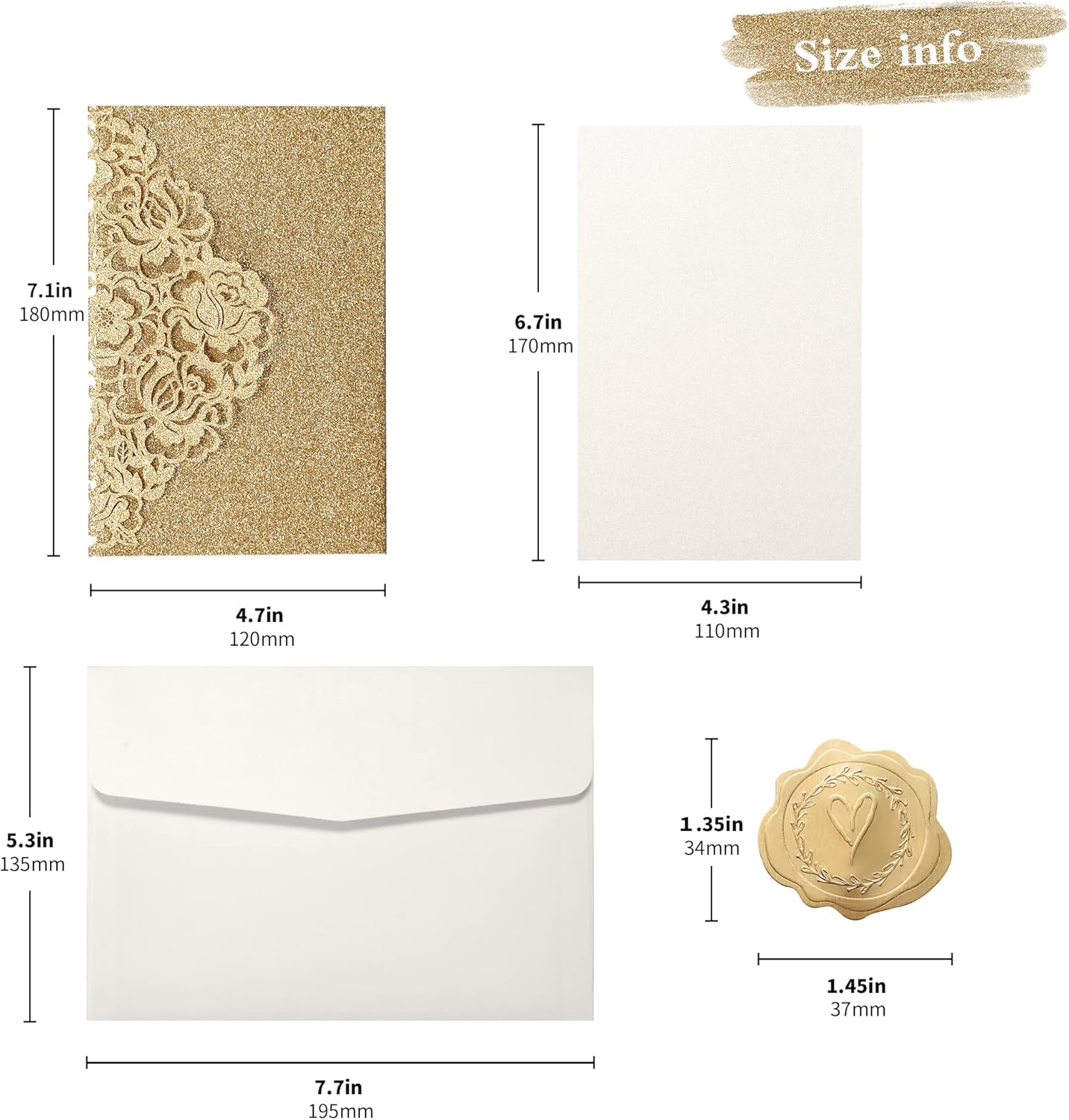 DORIS HOME 50pcs Laser Cut Quinceanera Invitations Gold Glitter, 4.7x7.1 Blank Quince Invitations for 15th Birthday, Invitation cards for Sweet 16 with Envelopes