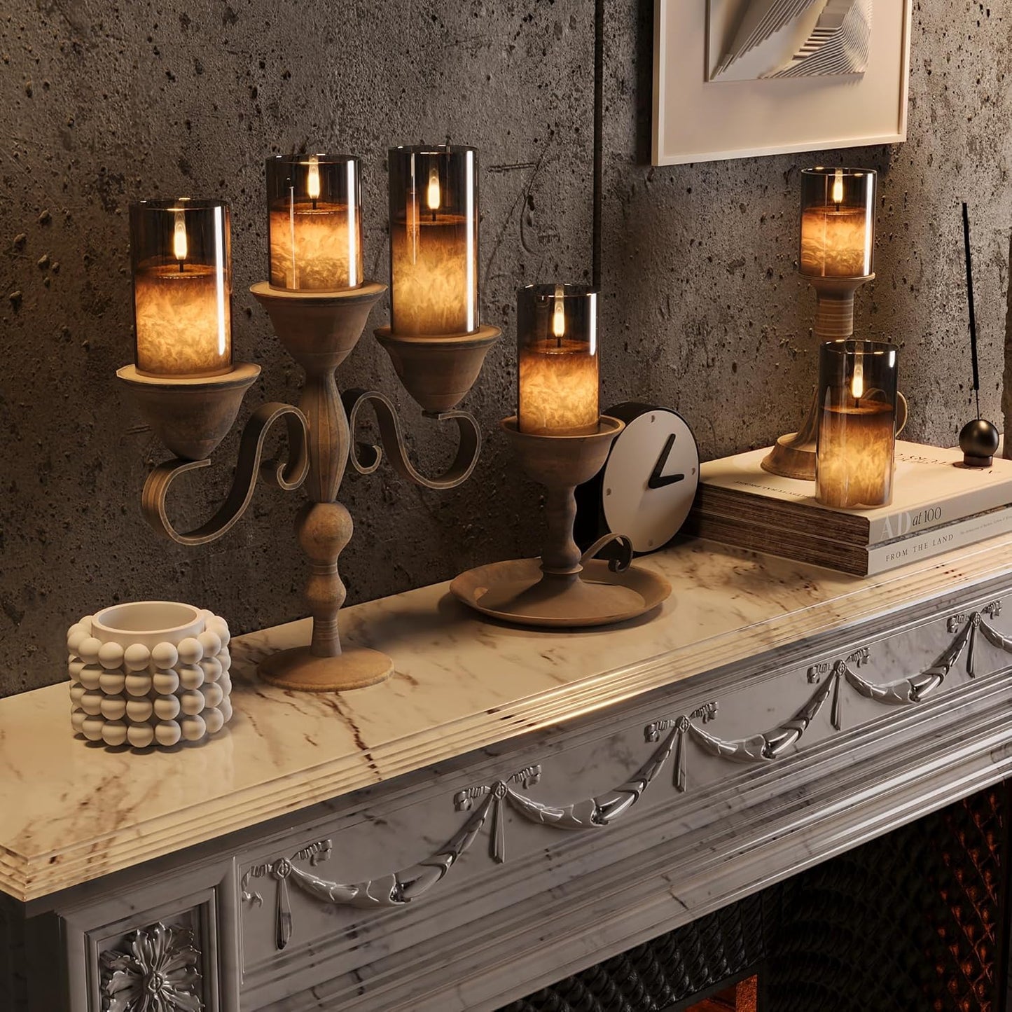 Ice Crystal Real Wax Glass Flameless Candles with Remote & Timer, Battery Operated Candles with Warm Flickering Flame, Realistic LED Candle for Wedding Home Decor [D3×H4/5"/6"] Grey, 3Pack