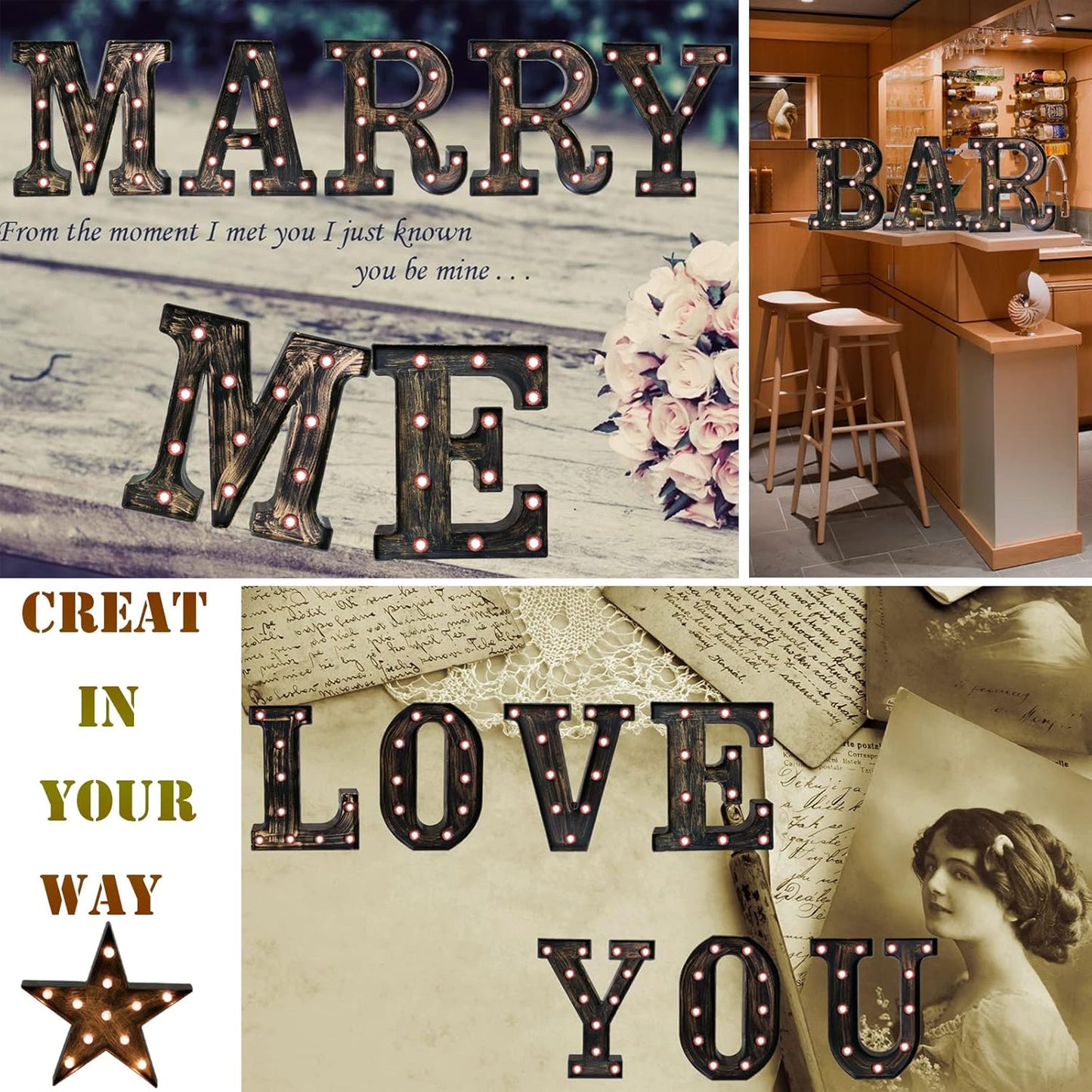 OYCBUZO Golden Black Led Marquee Letter - Industrial, Vintage Style Light Up Alphabet Letter Sign for Cafe Wedding Birthday Party Christmas Lamp Home Bar Initials Decor - N