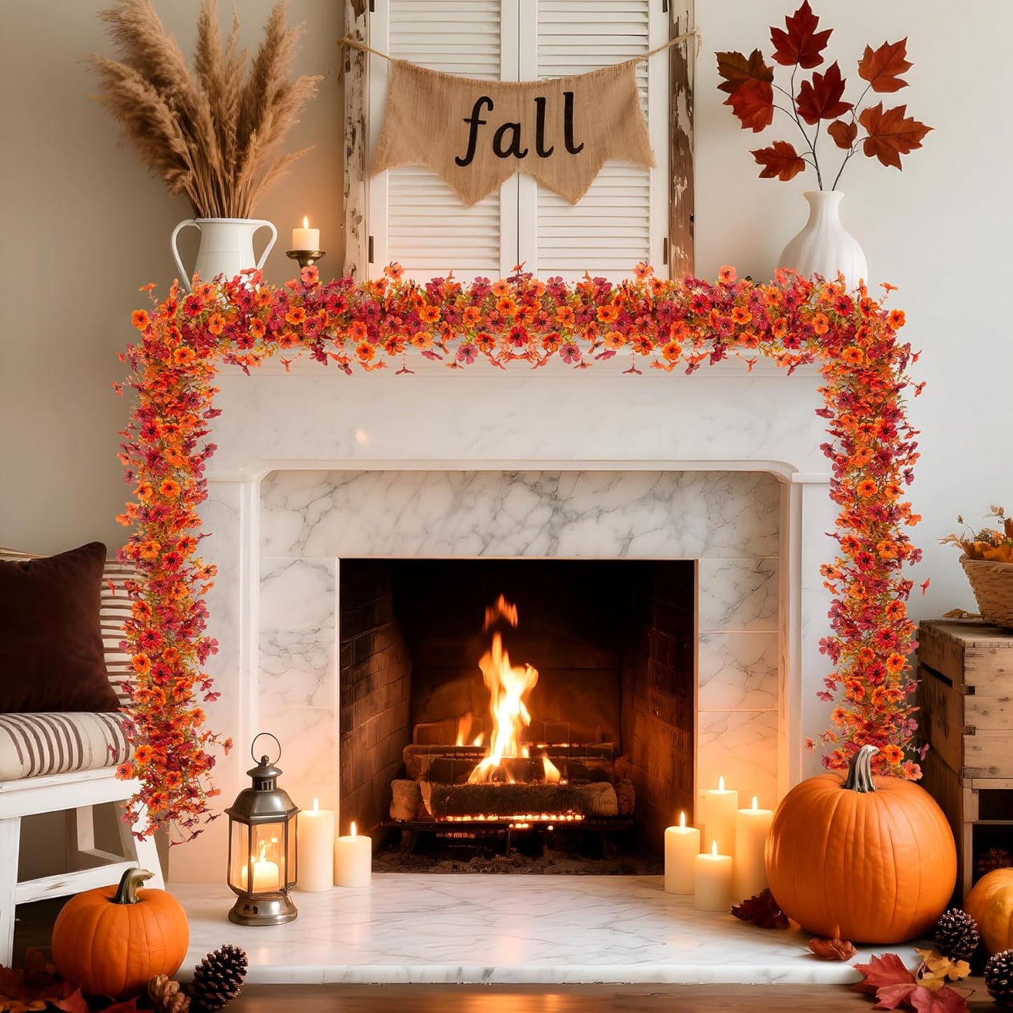 Fall Mums Flowers Artificial Garland for Decoration, 4 Pack 5.9 FT Faux Mums with Eucalyptus Leaves Ivy, UV Resistant Fake Fall Daisy Floral Vine Flowers for Home Garden Wedding Backdrop Decor