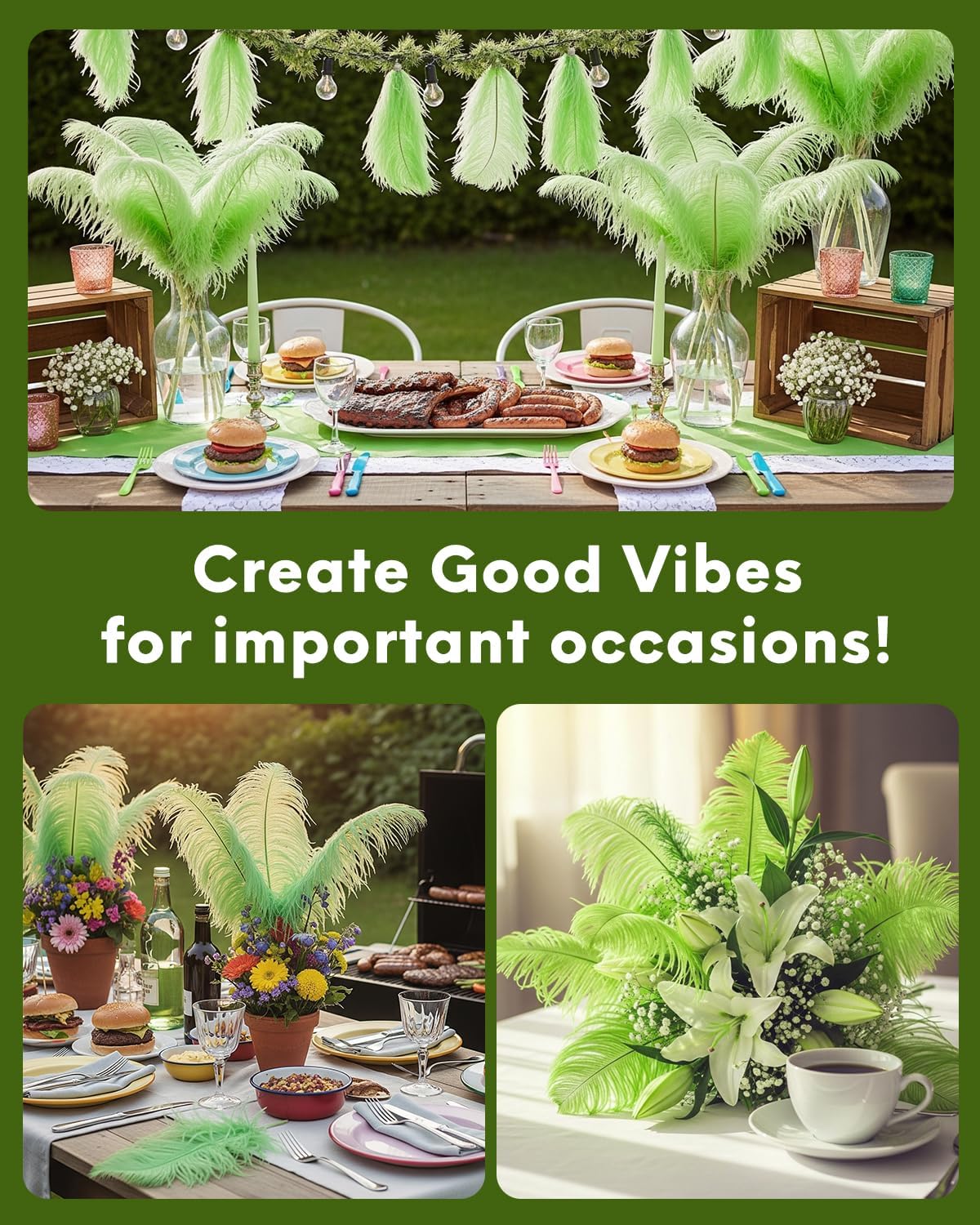 NEWONG 30pcs Fruit Green Ostrich Feathers Natural Bulk 9-12inch(23-30cm) Vase Craft Wedding Home Party Centerpieces Christmas Day Decoration