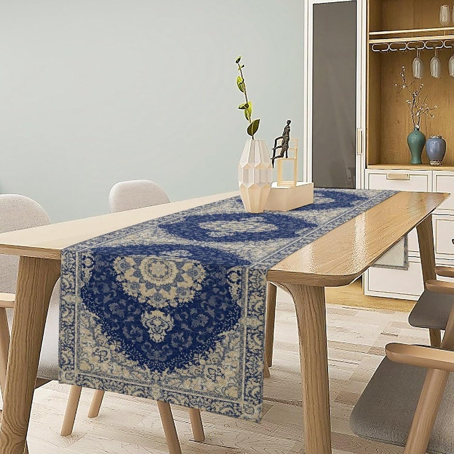 Boho Bohemia Style Dark Blue Table Runner, Country Rustic Farmhouse Magical Abstract Print Pattern for Home Kitchen Table Decor Dining Coffee Room Garden Party Decor 13x90in