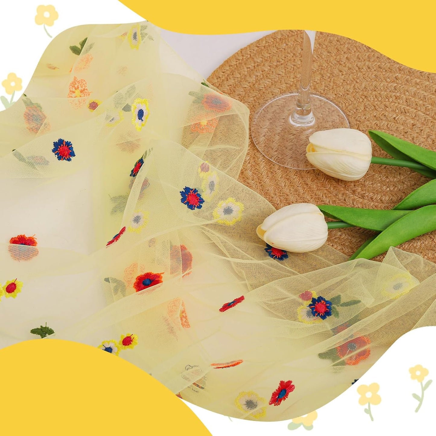 BINBE 6pcs Daisy Fall Table Runner Embroidery Gauze 10FT Florals Seasonal Tulle Holiday Birthday Kitchen Dining Table Decor for Home Party Yellow