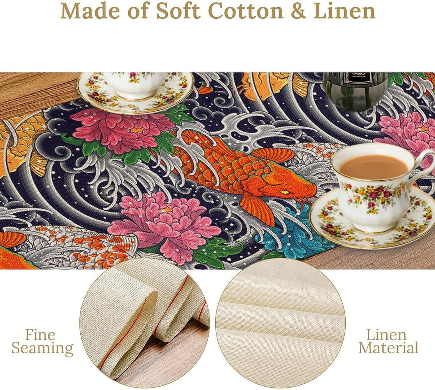 Japanese Retro Flowers Table Runner Oriental Tradition Kio Fish Art Printed Burlap Runner Home Kitchen Dining Table Living Room Decor Fabric 1 Panel W13xL120in