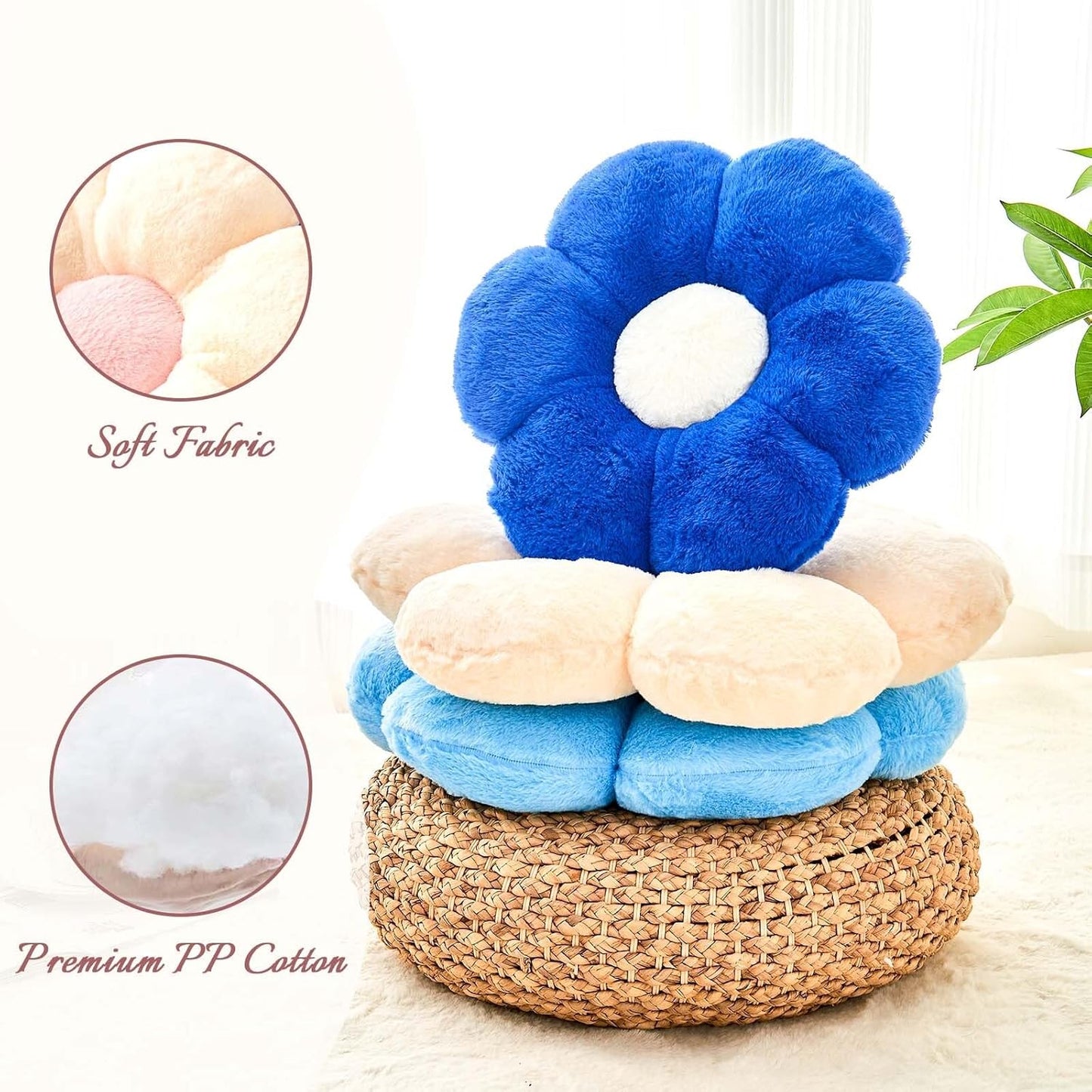 Royal Blue Flower Pillow, Cute Decorative Flower Shaped Throw Pillow with Faux Rabbit Fur, 14.9" Soft Flower Plush Throw Pillow Floor Pillows Room Décor for Bedroom Living Room