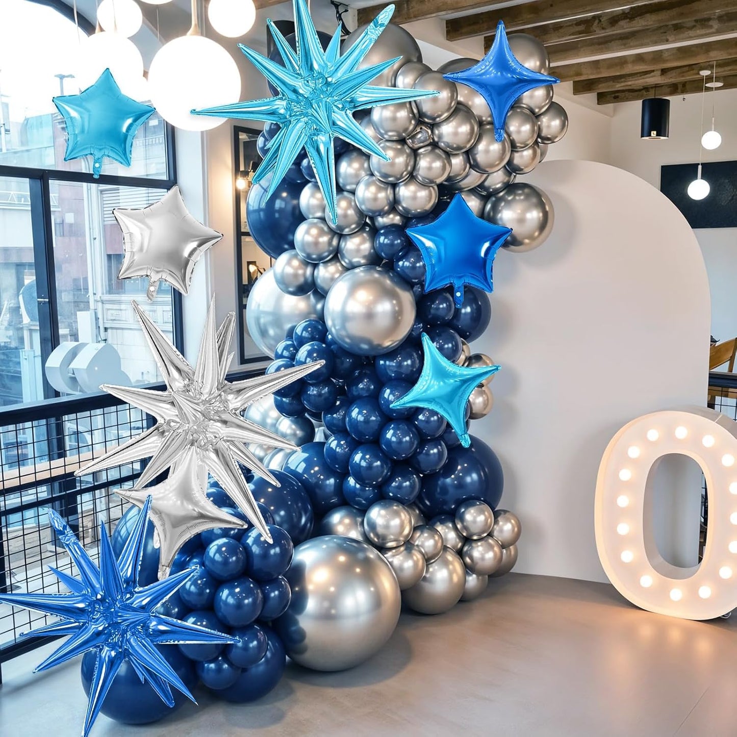 Blue Silver Star Balloon,16Pcs Star Foil Balloons Set with 22Inch Explosion Spike Cone Balloons and 10Inch Quadrangle Helium Balloon for Birthday Wedding Baby Shower Party Decorations