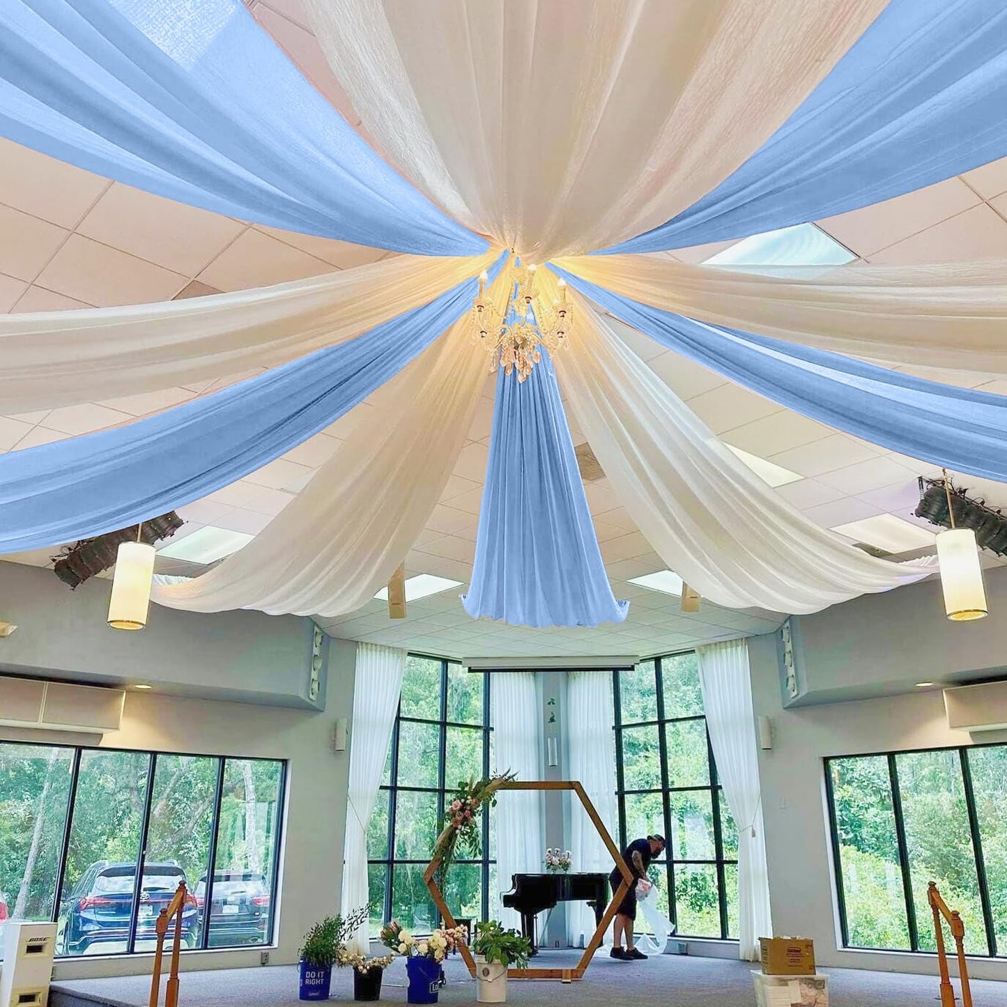 MODFUNS Baby Blue Ceiling Drapes Chiffon Ceiling Fabric Draping Fabric 5x30ft 4 Panels Semi Sheer Wedding Arch Drape Unique Ceiling Curtain for Wedding Banquet Stage Prom Ceiling Drapery