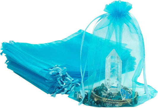TheDisplayGuys 48-Pack 6x8 Turquoise Blue Sheer Organza Gift Bags with Drawstring, Goodie Bags for Jewelry, Candy Bags, Treat Bags, Wedding Favors Small Mesh Bags