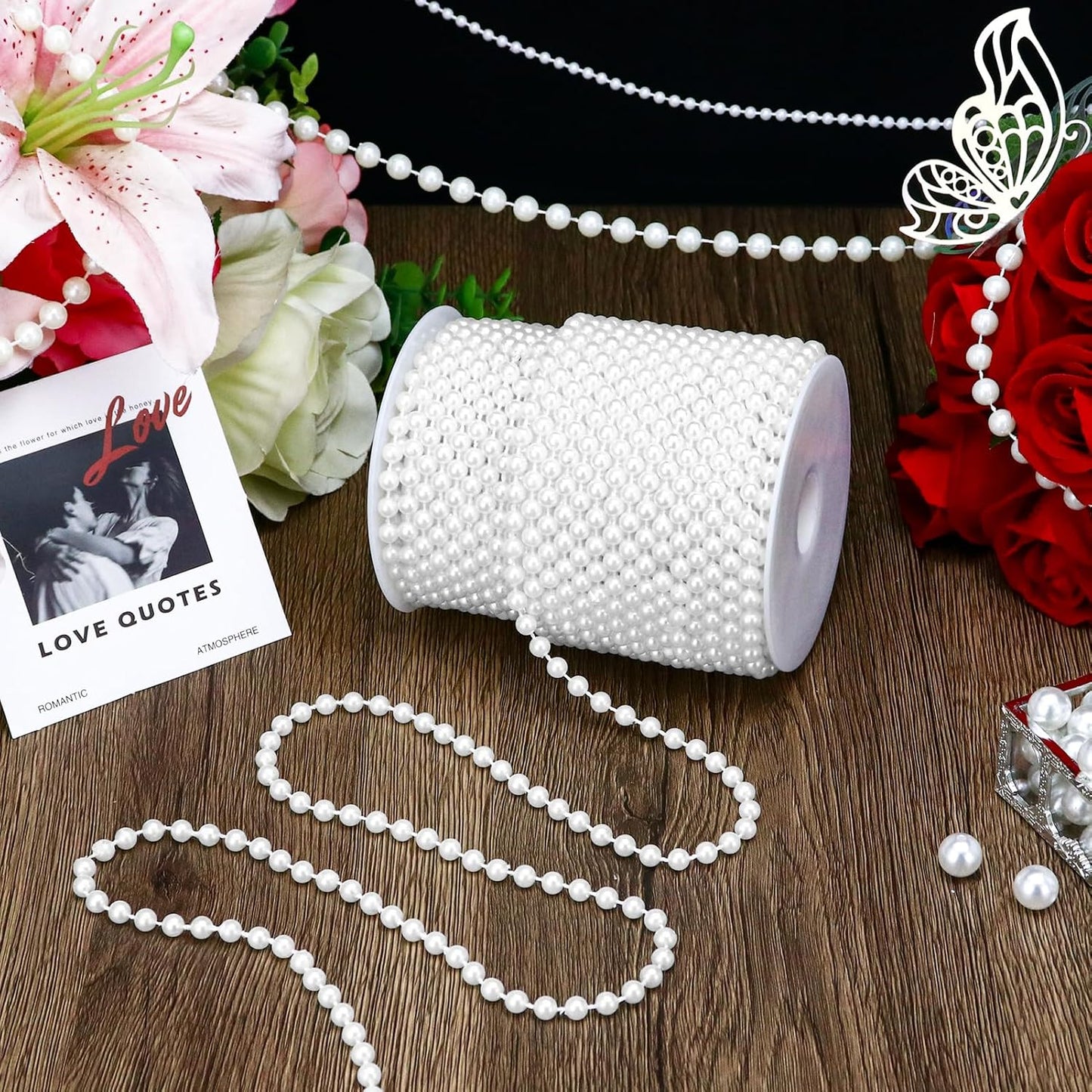 99 Feet 6mm Pearl Strings Garland for Crafts, Artificial Pearl Beaded Trim Chain Roll Strands for Wedding Centerpieces Bouquet Party Decoration Christmas Tree Garland, White