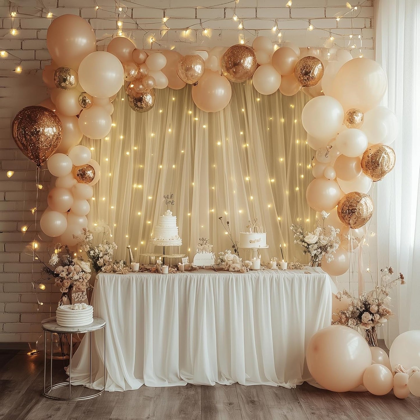 Tulle Backdrop Curtain with Lights String 20 X 8FT Champagne Sheer Tulle Backdrop Curtains for Wedding Birthday Party Reception Photo Booth Background Decorations (4 Panels 5x8FT)