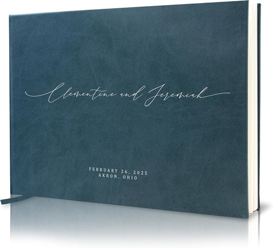 MUUJEE Personalized Guestbook in Teal - Premium Custom Modern Guest Book for Wedding Reception, Birthday Party or Events w/Bookmark Blank Pages for Signing 11.5 x 8.5 inches