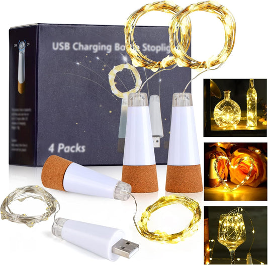 Wine Bottle Lights with Cork Switch for Liquor Bottles 4 Pack Rechargeable Battery Operated 20 Led Bottle Stopper Warm String Fairy Lights Indoor Christmas Wedding Halloween Decorations