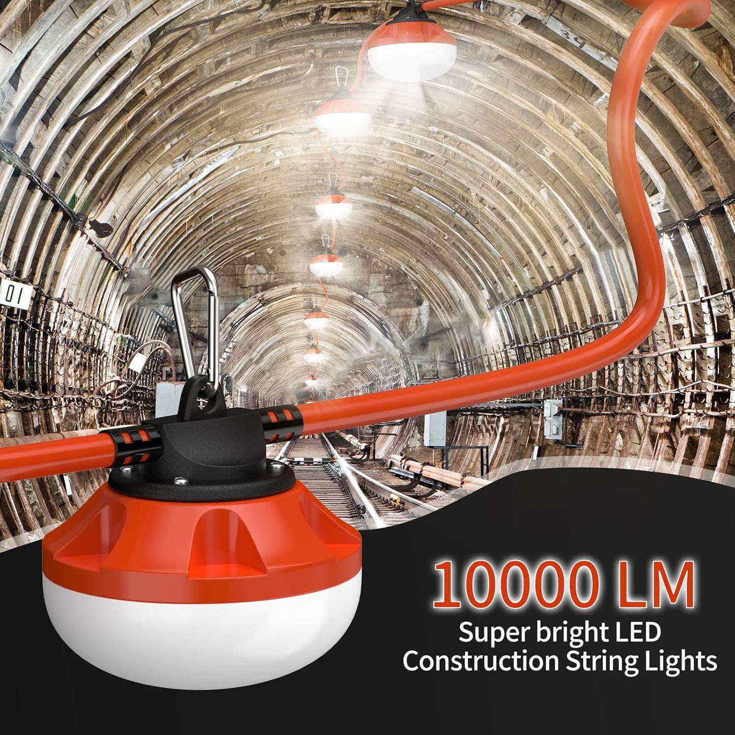 100FT LED Construction String Lights 10 Bulbs,10000LM,Industrial Grade,Weatherproof, Linkable 5000K Super Bright for Job Sites, Mining, Patios & Outdoor Work,Free for Climbing Hook 2Prong