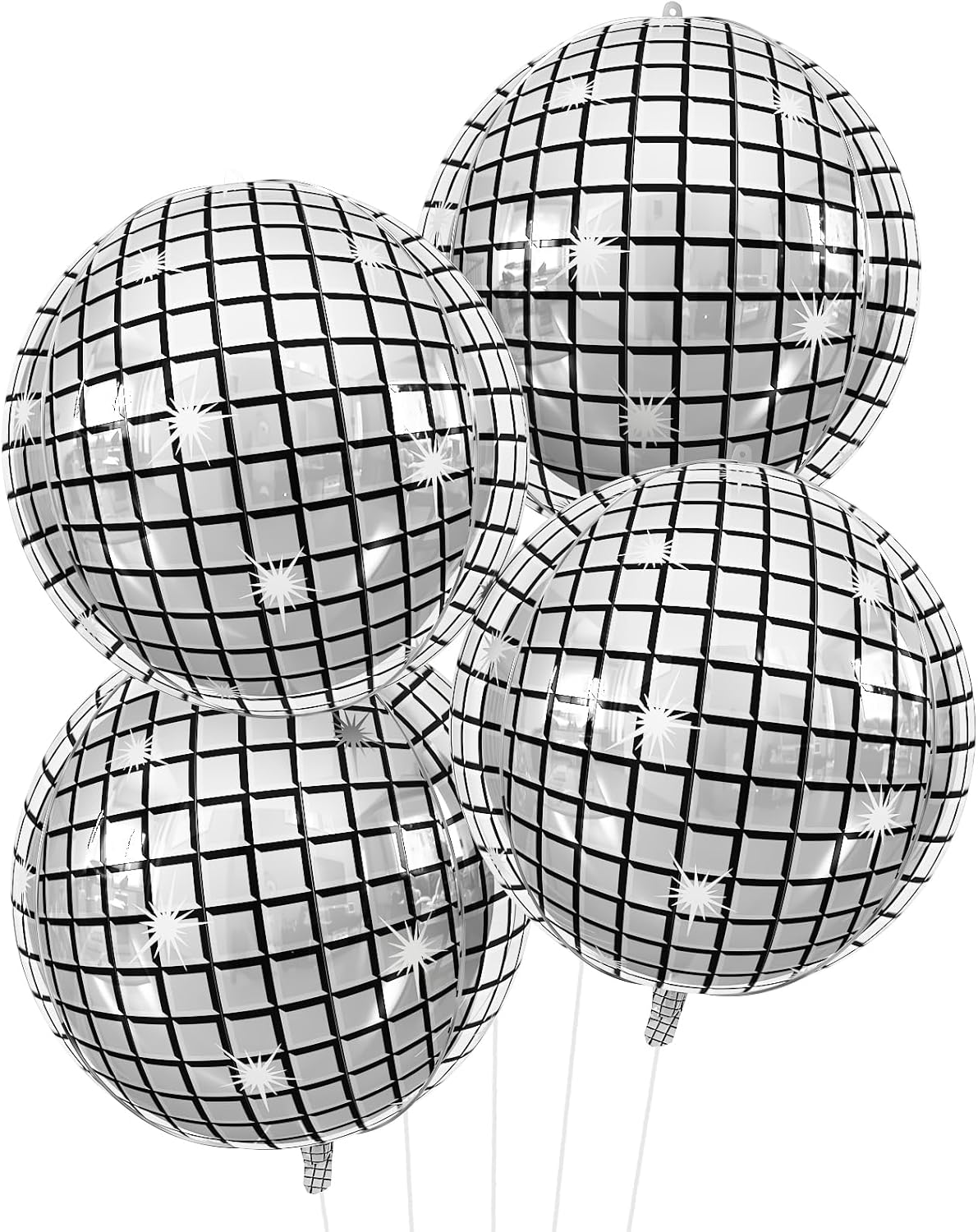 Disco Ball Balloons 4PC,Foil Disco Balloons 22 Inch 4D Round Metallic Silver Balloon for 70s 80s Birthday Bachelorette Graduation Decorations