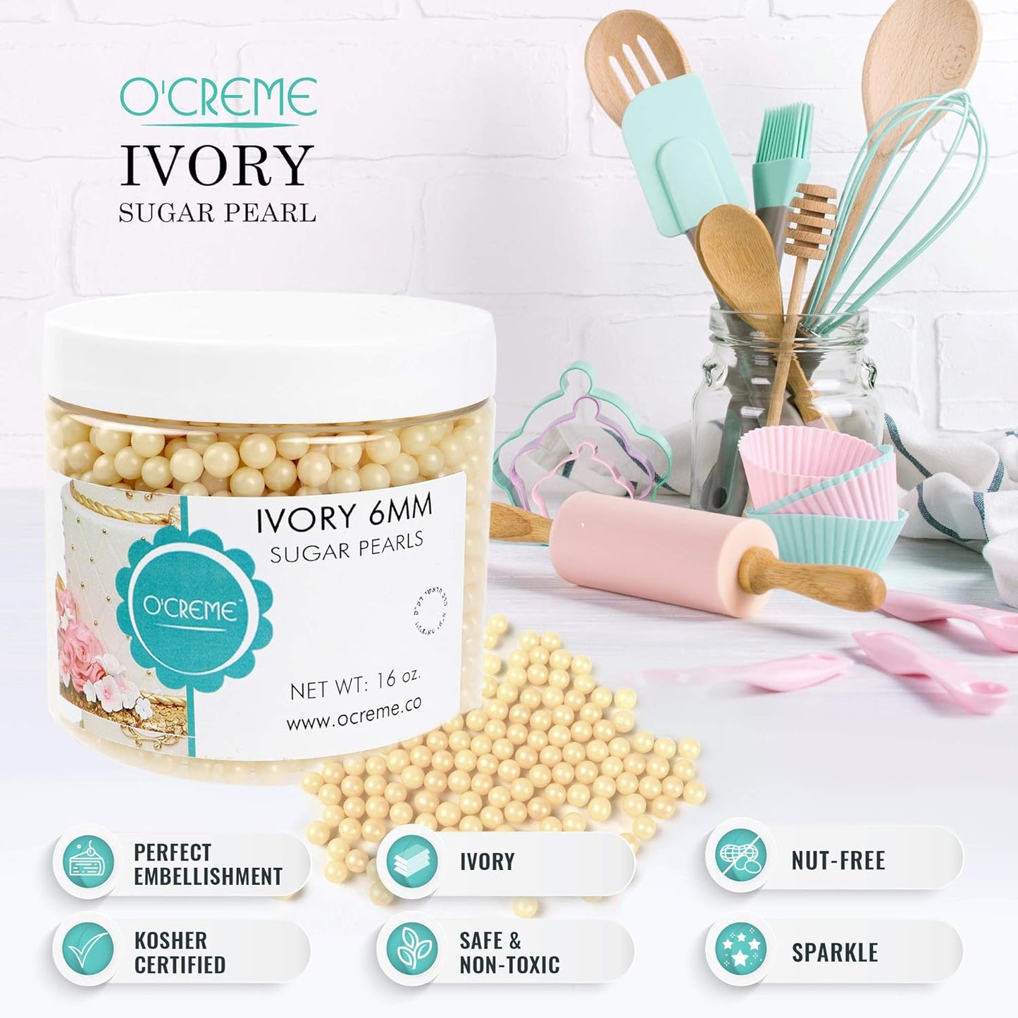 O'Creme Ivory Edible Sugar Pearls Cake Decorating Supplies for Bakers: Cookie, Cupcake & Icing Toppings, Beads Sprinkles For Baking, Certified, Candy Sugar Ball Accents (5mm, 16 oz)