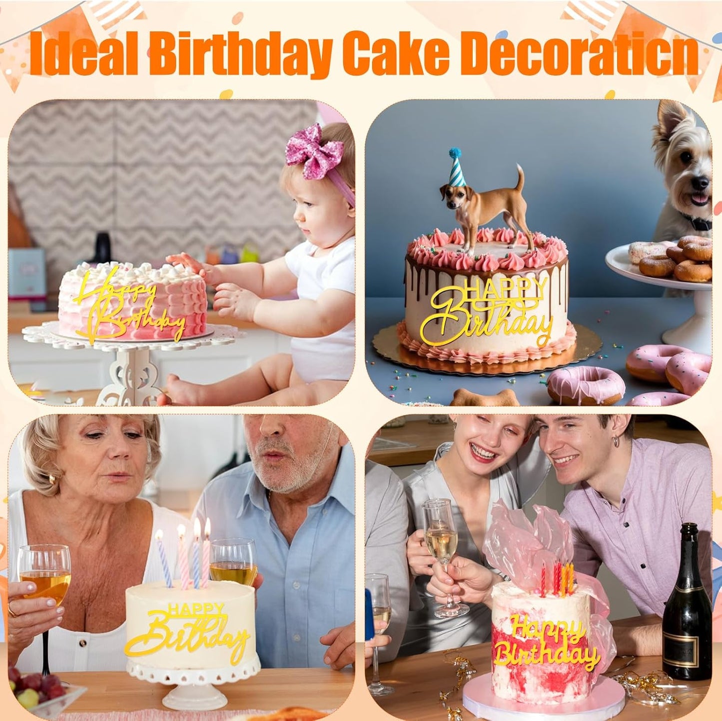 100 Pcs Happy Birthday Cake Toppers Mirror Acrylic Cupcake Topper Cupcake Decorations Happy Birthday Sign for Cake Side Inserts Decor Party Supplies 10 Style(Gold)