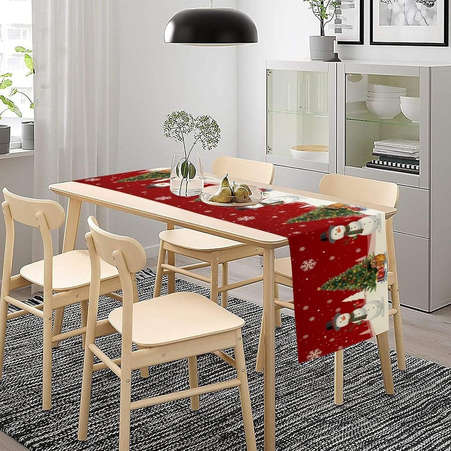 Christmas Table Runner,Snowman Rustic Red Snowflake Winter Table Cloth Kitchen Dining Table Decoration for Home Party Decor 13x36 Inch