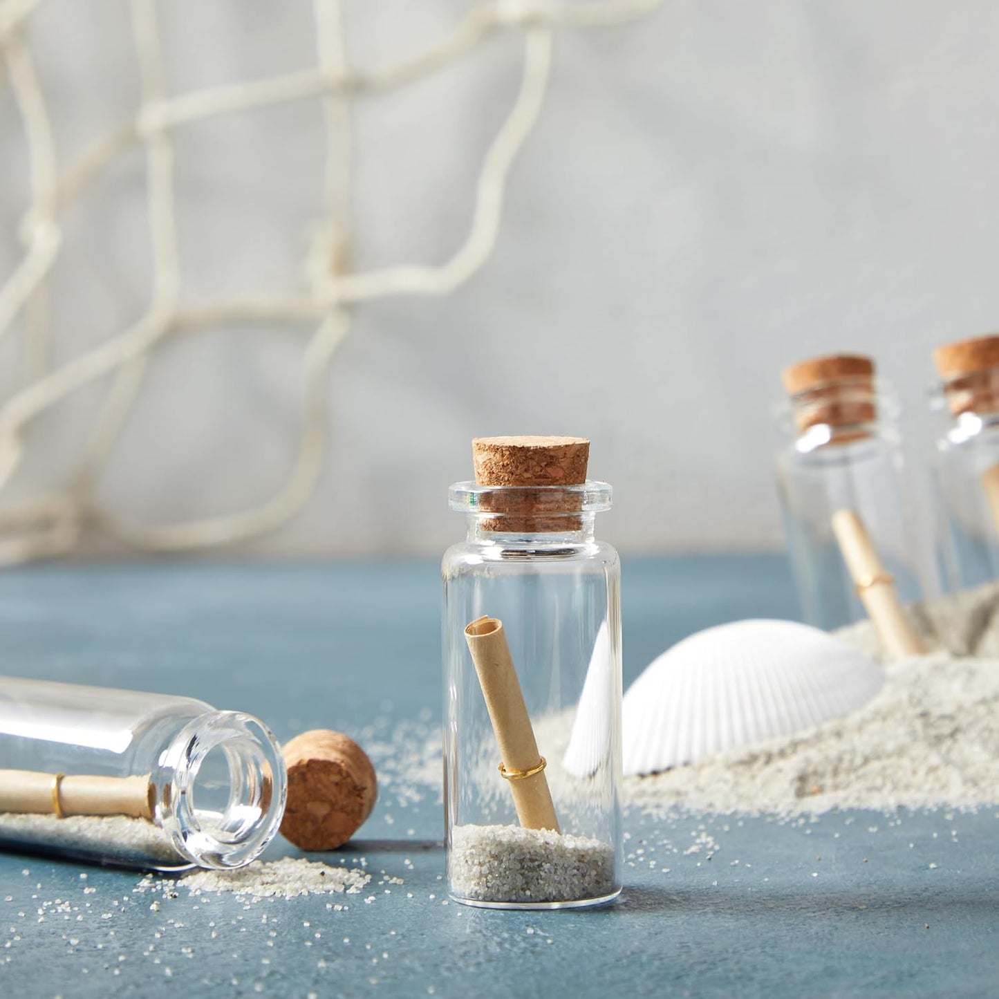 Bright Creations 48 Pack 10ml Create A Message In A Bottle Kit, Bulk Small Glass Cork Bottles with Mini Scrolls for Time Capsules, Wedding Favors