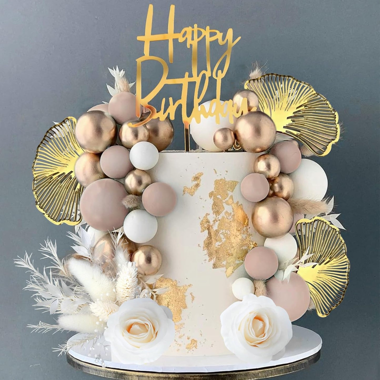 JeVenis Boho Champagne Cake Decoration Gold Balls Cake Decoration Palm Leaves Cake Topper Bohemian White Gold Ball for Wedding Birthday Birthday Anniversary