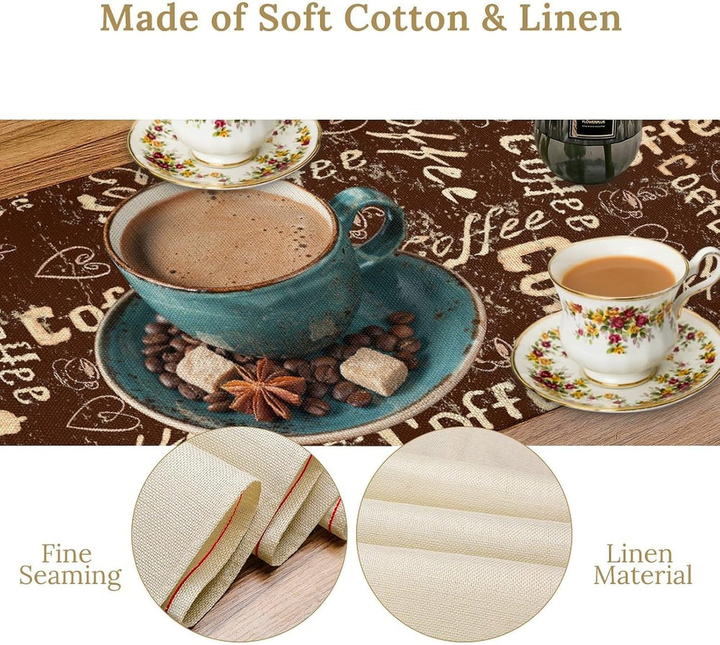 Coffee Theme Table Runner, Farmhouse Retro Brown Coffee Cup Tea Party Rustic Cafe Table Center Decor for Home Kitchen Dining Patio Holiday Party Indoor Outdoor Table Decorations,13"x90" Inch