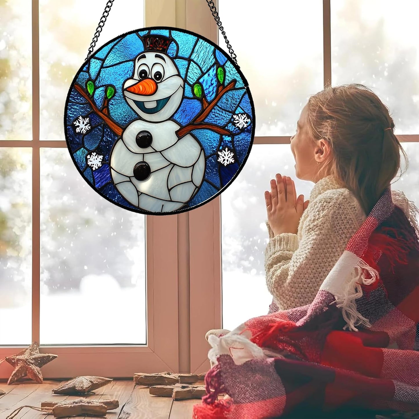Stained Glass Window Hanging Christmas Funny Snowman 7.8" - Suncatcher Door Garden Blue White Snowflakes Sun Catcher New Year Birthday for Friend Mom Men Woman Nana