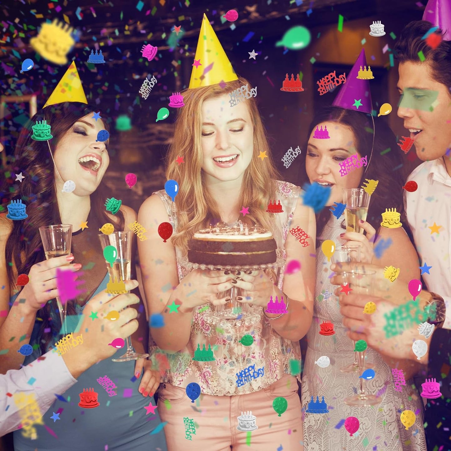 Happy Birthday Confetti Glitter Metallic Foil Table Confetti Multicolor Birthday Cake Balloon Sprinkles Table Centerpiece for Baby Shower Party Decorations DIY Arts and Crafting