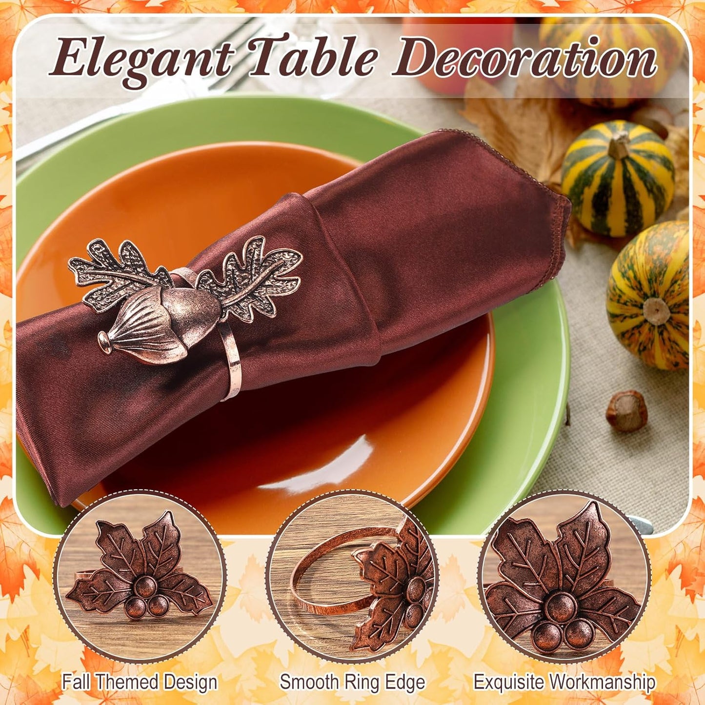 Remerry 8 Pcs Thanksgiving Napkin Ring Harvest Fall Leaf Pumpkin Holders Retro Alloy Metal Napkin Ring Buckle for Thanksgiving Wedding Table Supplies(Fruit and Vegetable)