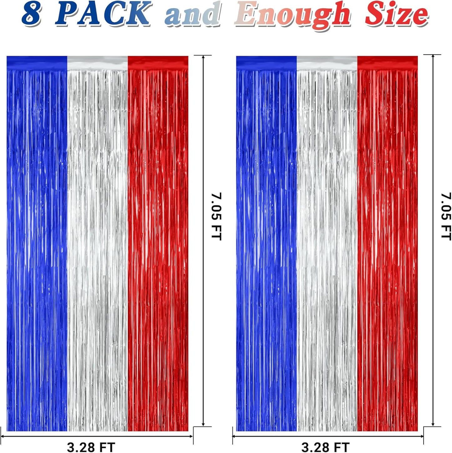 8 Pack 4th of July Photo Backdrop, 3.28 FT x 7.08 FT Fourth of July Decorations, Metallic Blue Silver Red Patriotic Tinsel Backdrop Foil Curtains, Patriotic Independence Day Decorations