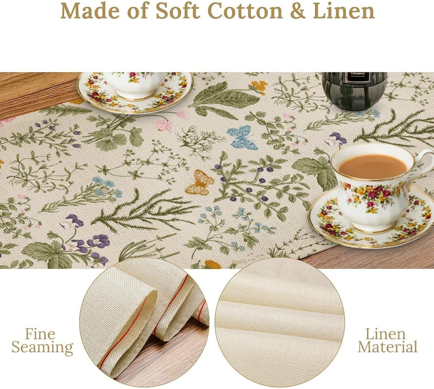 Wildflowers Floral Table Runner, Retro Flower Butterfly Seasonal Spring Summer Kitchen Dinning Table Runner for Indoor Outdoor Home Wedding Party Holiday, 13x36 Inch