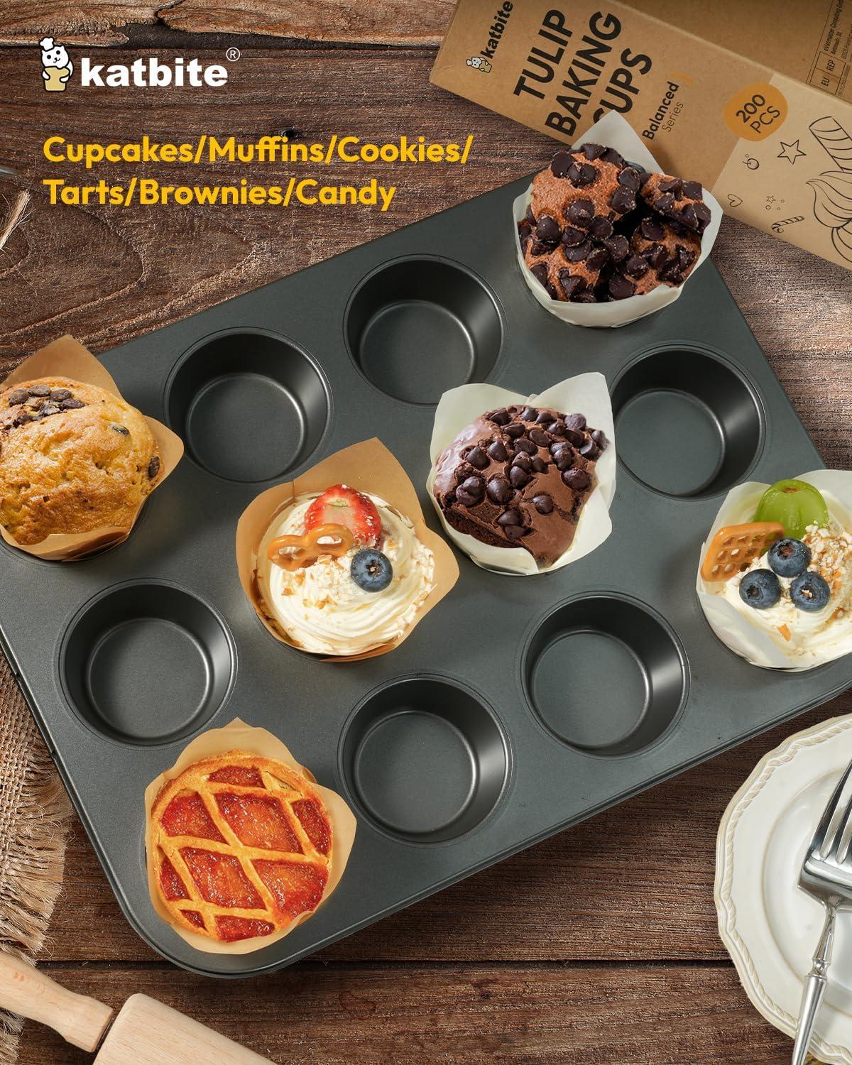 Katbite Tulip Cupcake Liners 200PCS, Muffin Baking Cups ProSmooth White