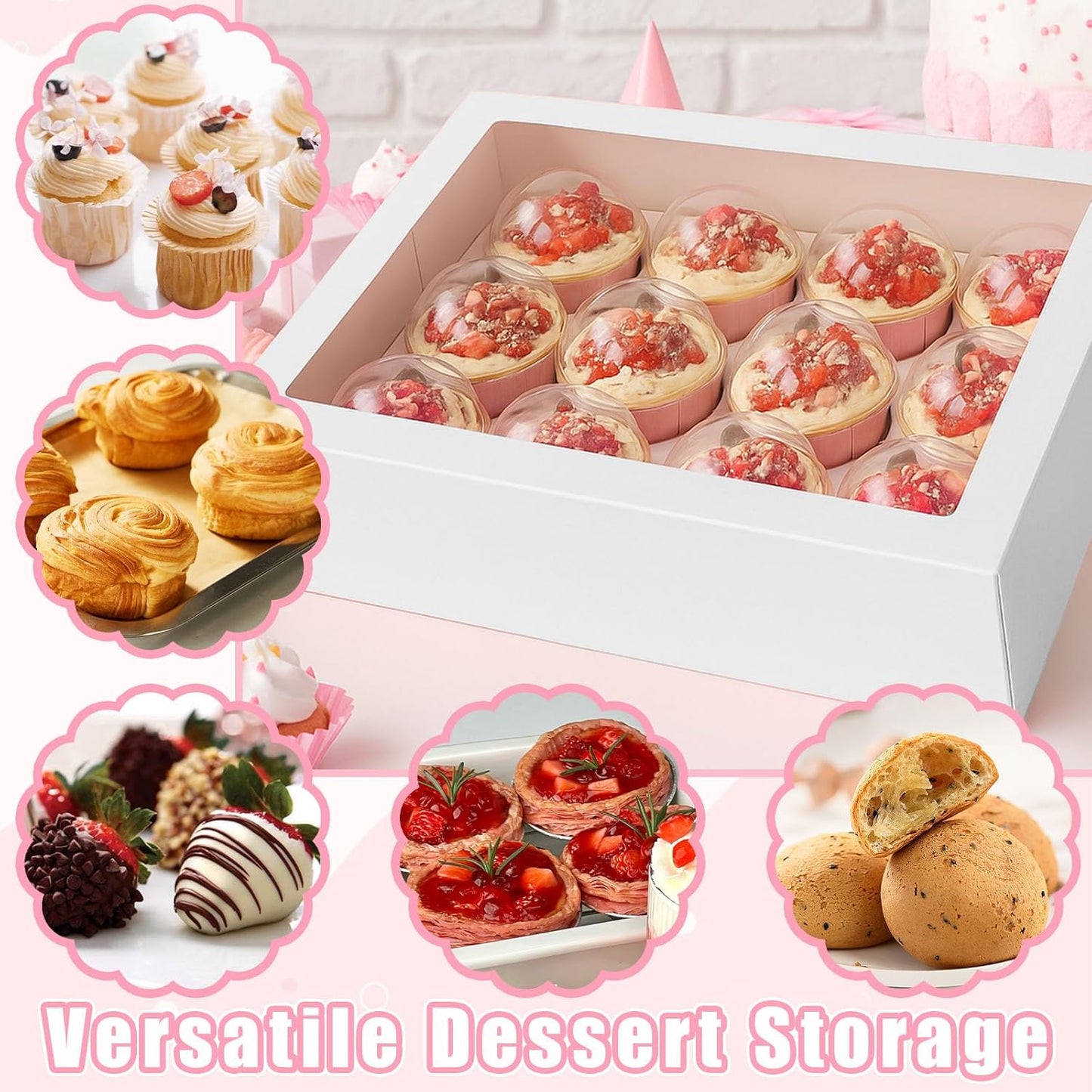 VGOODALL 12 Count Cupcake Boxes, 12PCS Cupcake Holder with Window White Pastry Boxes for Birthday Holiday Party Bakery Supplies