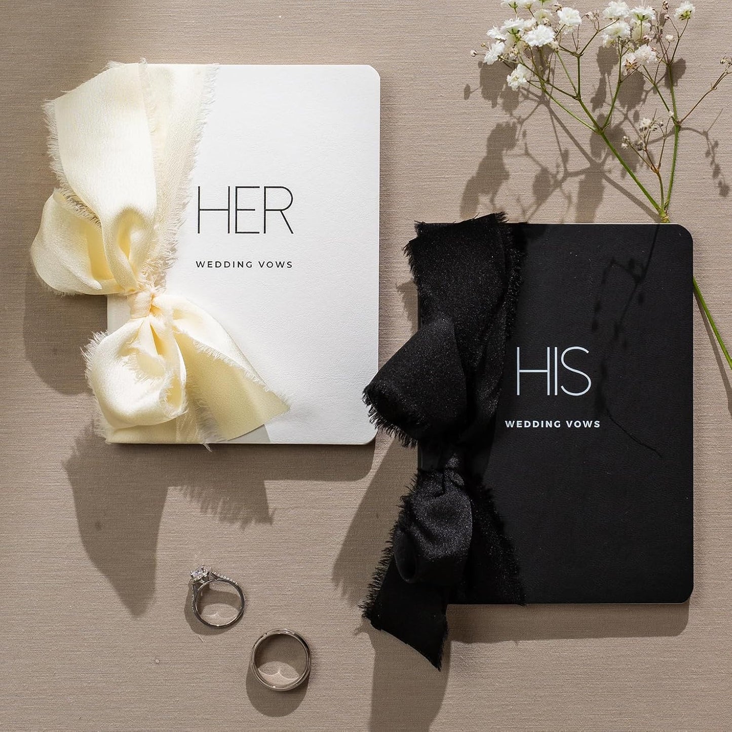 Black White His Her Slim Vow Books w/Ribbon (Set of 2) - 5.625 x 4" Minimalist Pocket Sized Modern Wedding Ceremony Vow Renewal Speech Notebook Journal