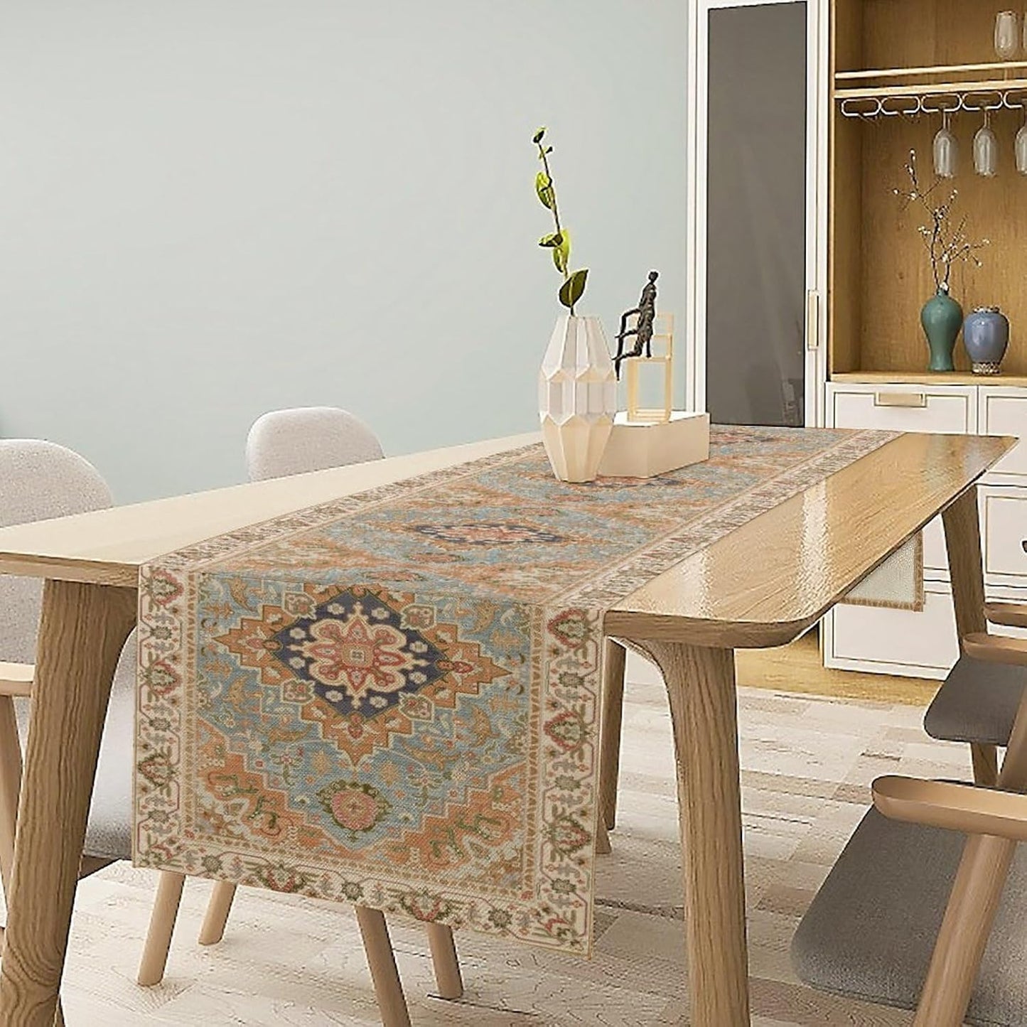 Vintage Boho Floral Table Runner, Rustic Country Farmhouse Grey Blue Orange Bohemia Flower Pattern for Home Kitchen Table Decor Dining Coffee Room Party Decor 13x72in