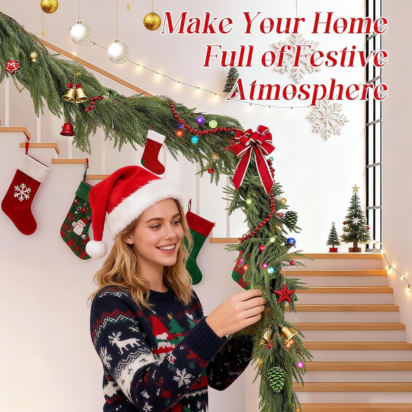 9ft Christmas Norfolk Pine Garland - Real Touch Artificial Greenery Cedar Garland for Xmas Fireplace Mantle Table Window Home Holiday Decoration