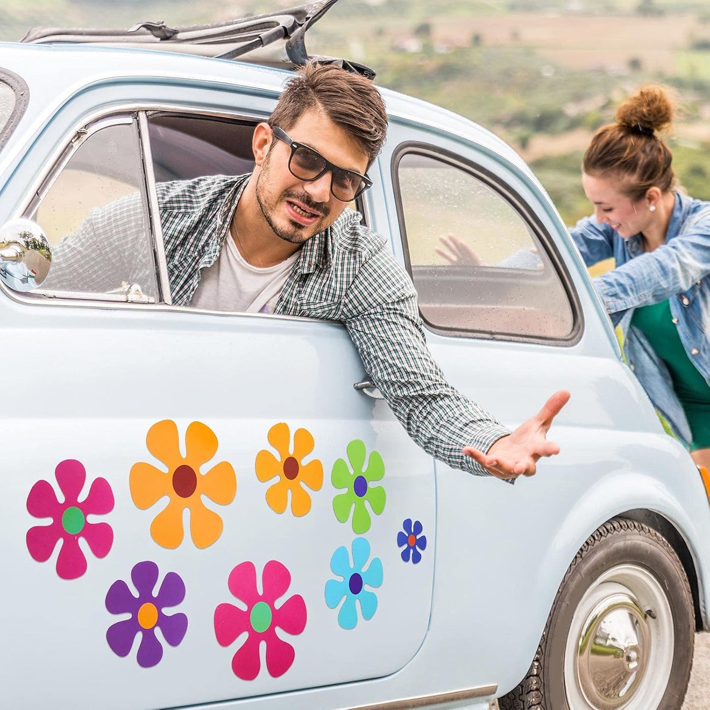 Car Flower Magnet Funny Magnetic Decals Decorations Cute Fridge Magnets 60s Flower Cutout Magnet for Car Home Door Whiteboard Refrigerator (24 Pieces,3.9 x 3.9 Inch, 2.2 x 2.2 Inch, 5.1 x 5.1 Inch)