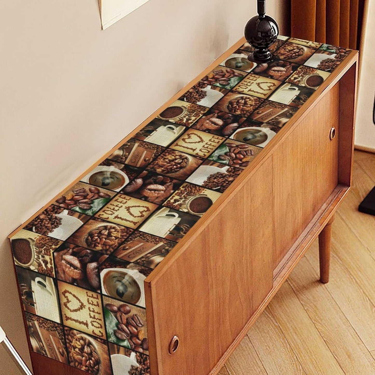 Coffee Theme Table Runner, Retro Farmhouse Coffee Cup Latte Cappuccino Tea Party Cafe Table Center Decor for Home Kitchen Dining Patio Holiday Party Indoor Outdoor Table Decorations,13"x90" Inch