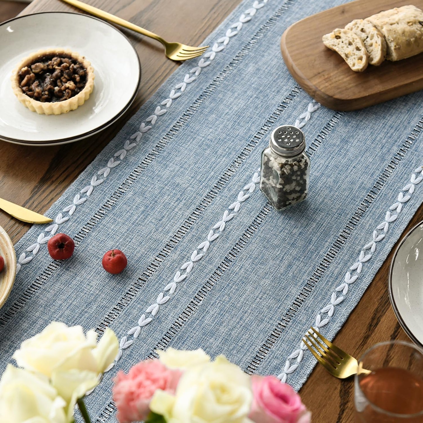 Artoid Mode Dusty Blue Cotton Linen Table Runner, Seasonal Rustic Embroidered Hollow Kitchen Dining Table Decoration for Home Party Decor 13x108 Inch